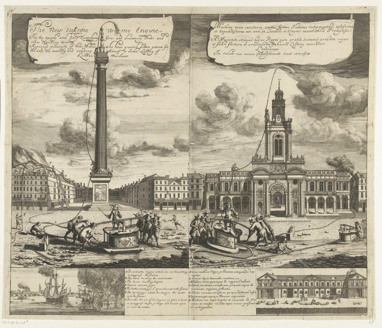 Gebruik van de slangbrandspuiten, Londra, yak. 1690-1700 Yeni emme solucanı Motor Yangınları hızlı ve kolay söndürmek ve havuzları ve diğer durgun suları boşaltmak için (...) (nesne üzerindeki başlık) Machina nova exuctoria vermi: formis Flammis restinguen by Johannes Kip