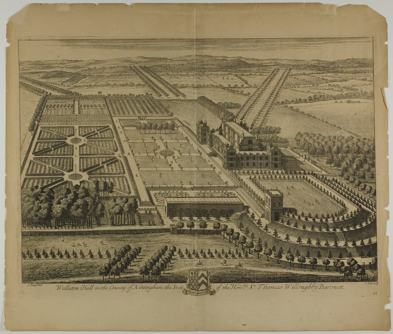 Nottingham County'deki Wollaton Salonu, Britannia Illustrata'dan 68 numaralı plaka by Johannes Kip