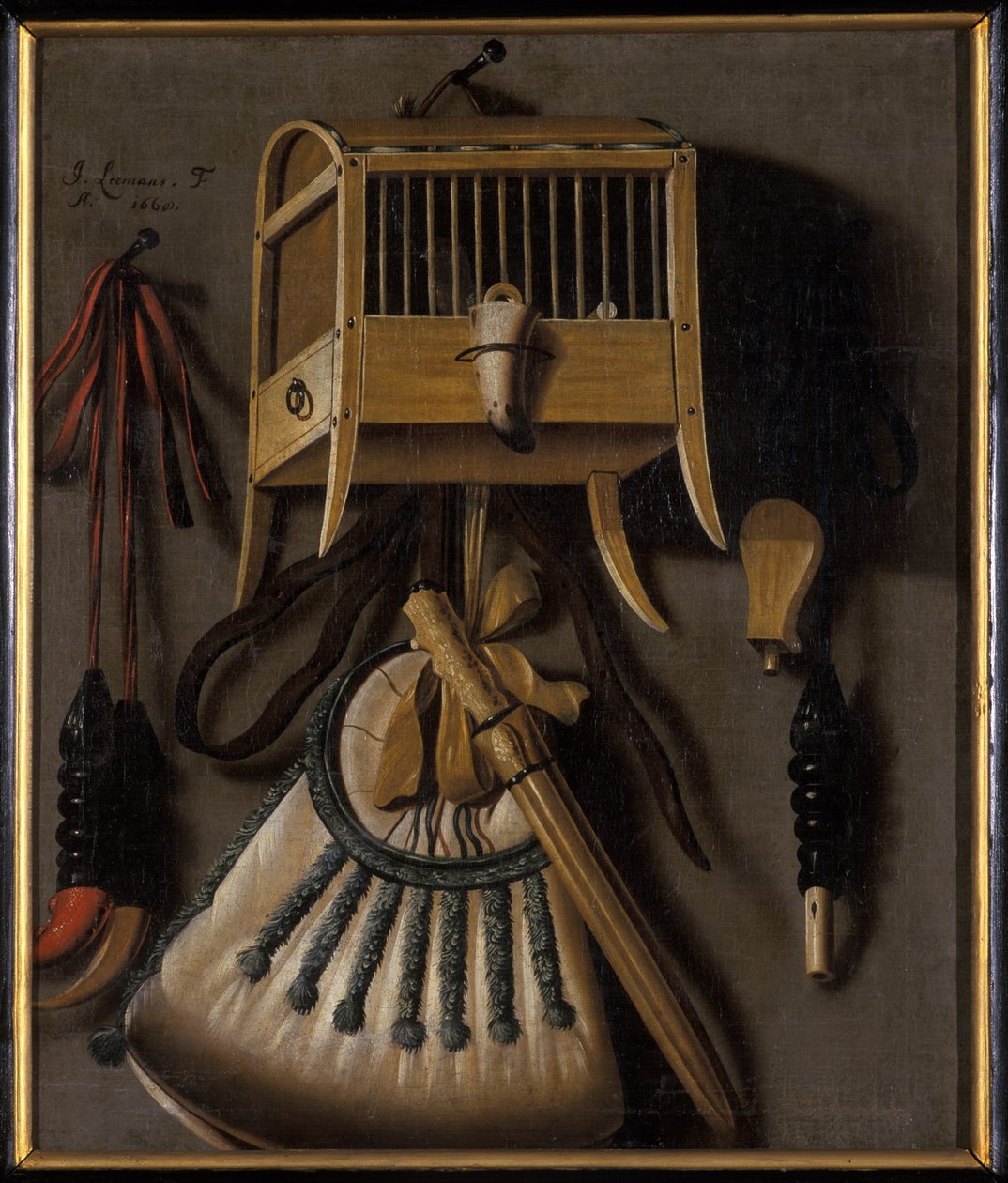 Kuş yakalama ekipmanı ile natürmort, 1660 by Johannes Leemans