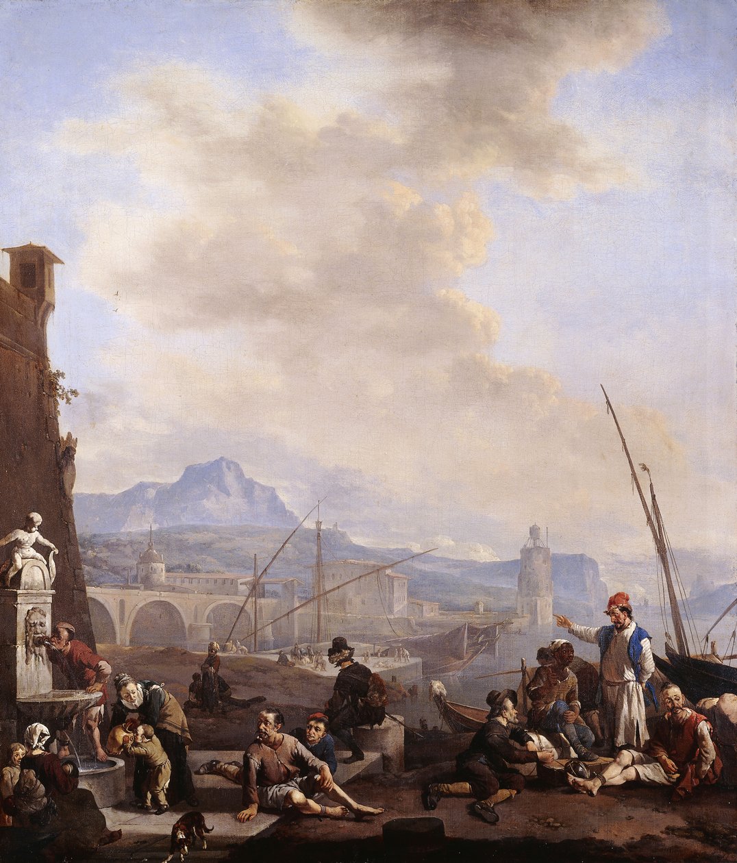 Çeşme Başında İçen Adam, Kadırga Köleleri, Tüccarlar ve Liman Elçileri ile Bir Akdeniz Limanı by Johannes Lingelbach