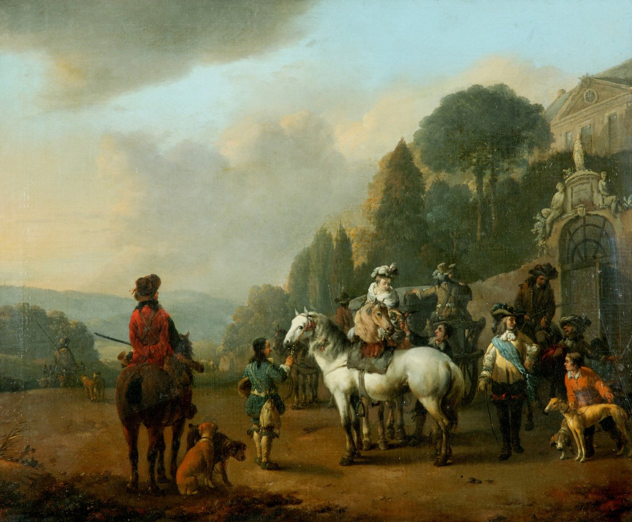 Bir Şatonun Kapılarının Dışında Bir Falconers Partisi (tuval üzerine yağlıboya) by Johannes Lingelbach