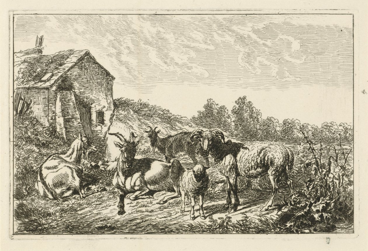 Bir evin yanında dört keçi ve bir koyun by Johannes Mock