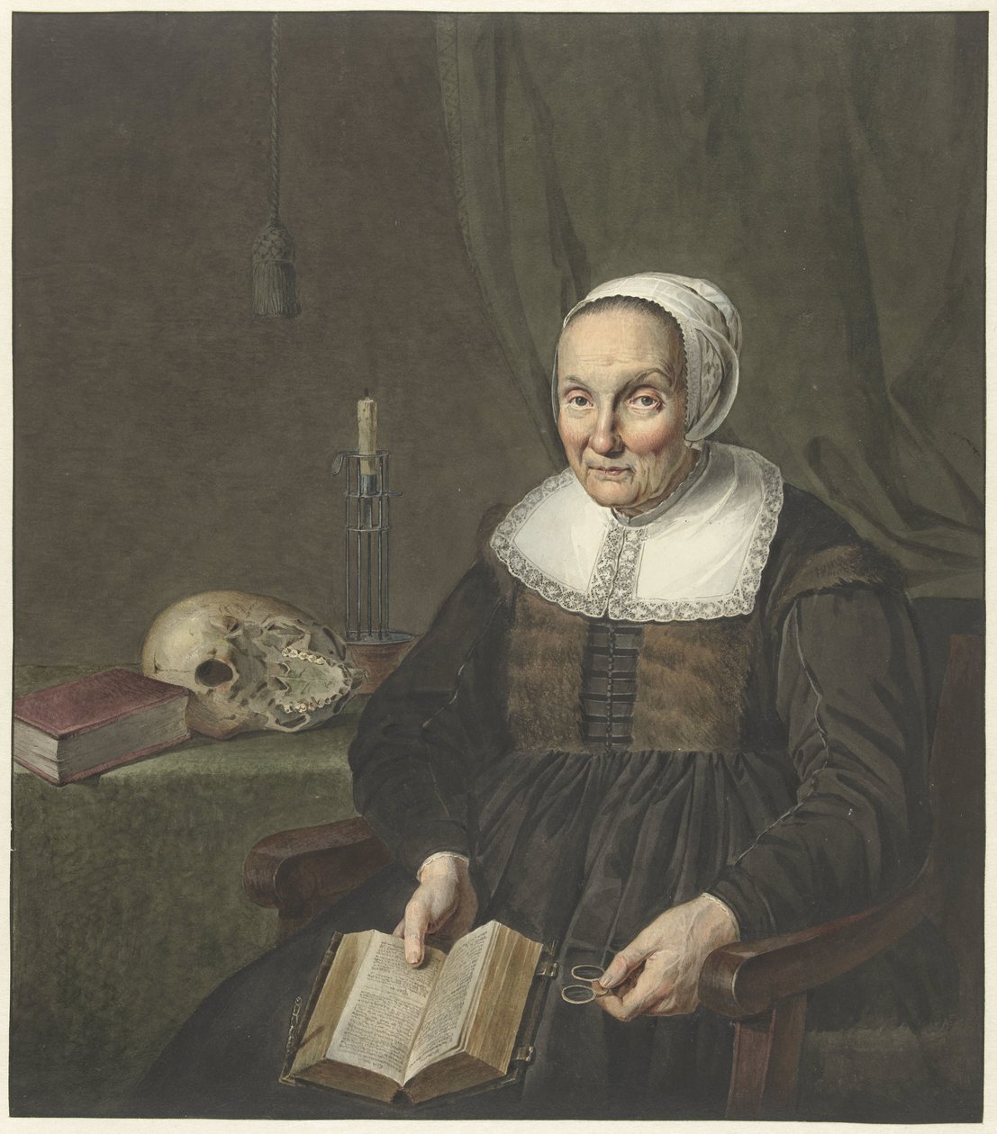 Açık bir kitapla oturmuş yaşlı bir kadının portresi by Johannes Pieter de Frey