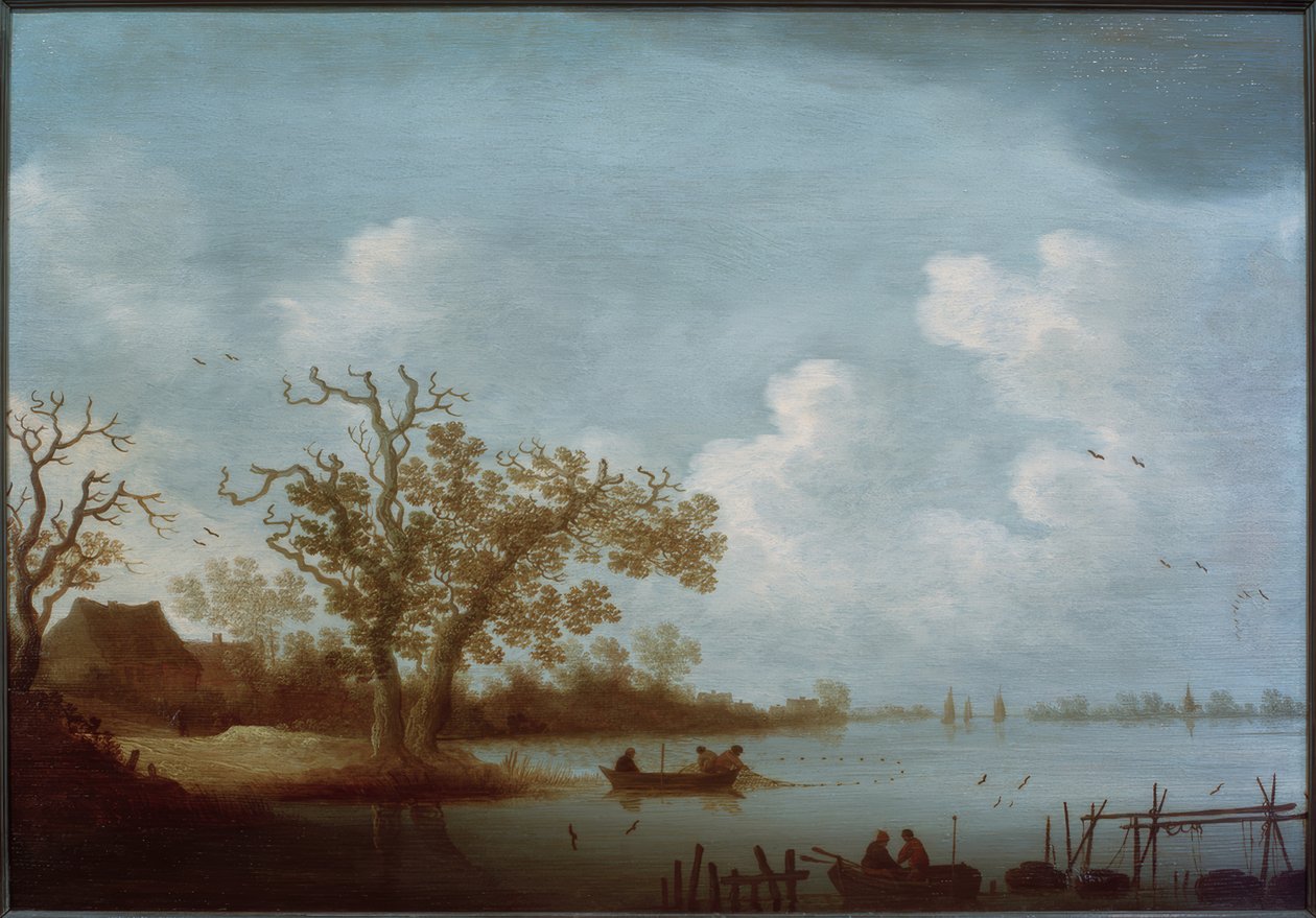 Çiftlik evleri ve balıkçı tekneleri ile Hollanda nehir manzarası by Johannes Pietersz. Schoeff