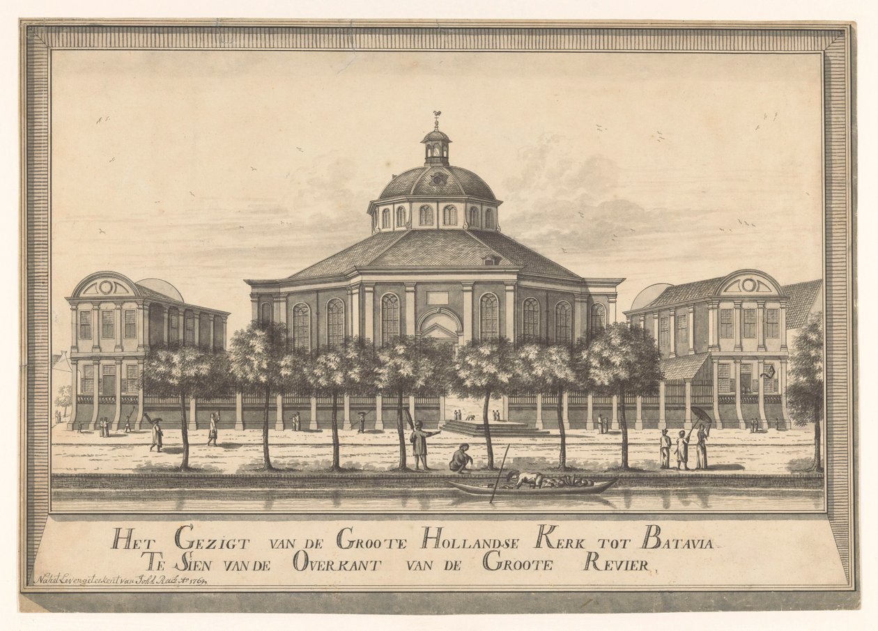 Batavia'daki Yeni Hollanda Kilisesi'nin Görünümü Groote Hollandse Kerk'ten Groote Revier'in Overkant'ından Batavia Te Sien'e Görünüm (nesne üzerindeki başlık) by Johannes Rach