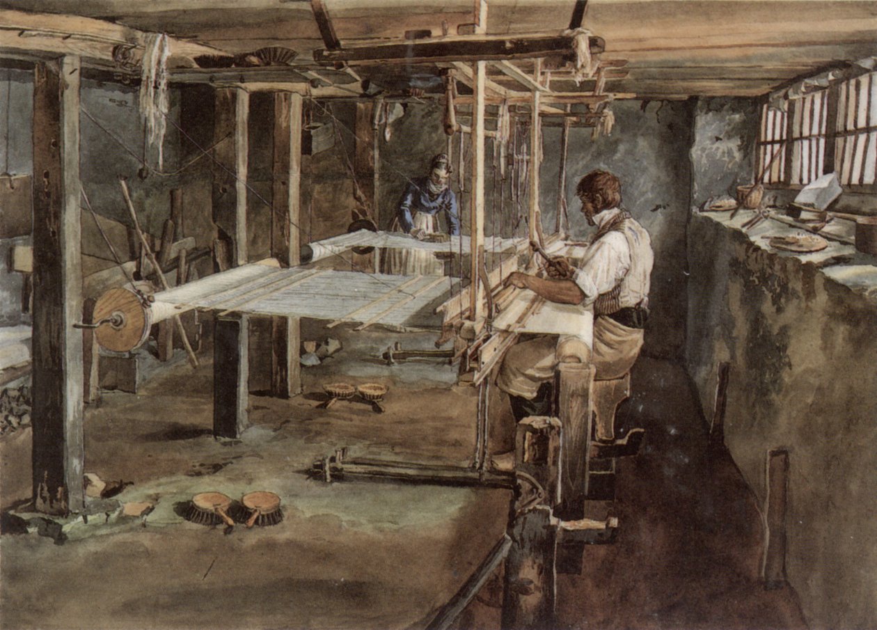 Appenzell dokumacı çift, 1830 civarında el tezgahında iş başında by Johannes Schiess