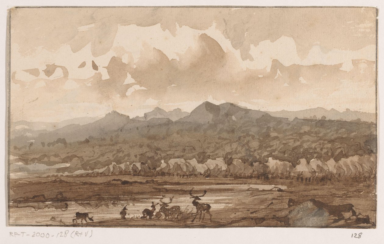 Geyik ile dağ manzarası by Johannes Tavenraat (signed by artist)