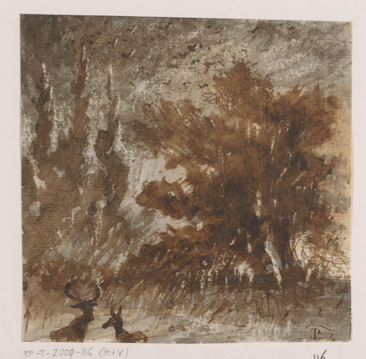 Uzun ağaçların yanında geyik ve kuşlar by Johannes Tavenraat (signed by artist)