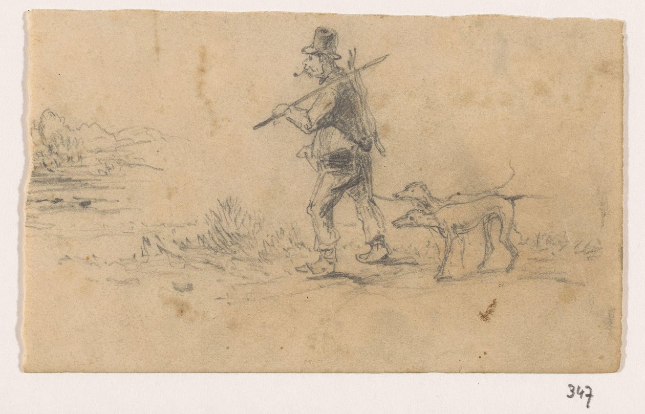 Köpekleri ve sırtında tavşanı olan avcı by Johannes Tavenraat (signed by artist)