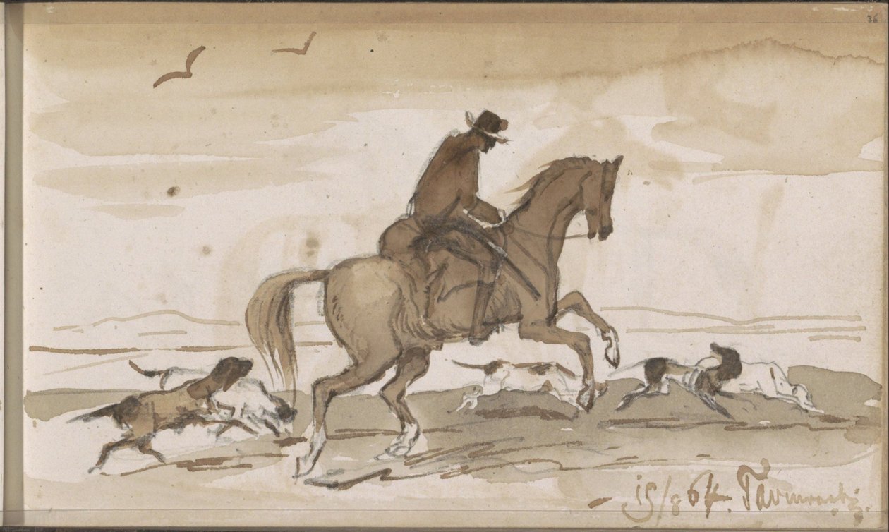 Bir binici ve koşan köpeklerle manzara by Johannes Tavenraat