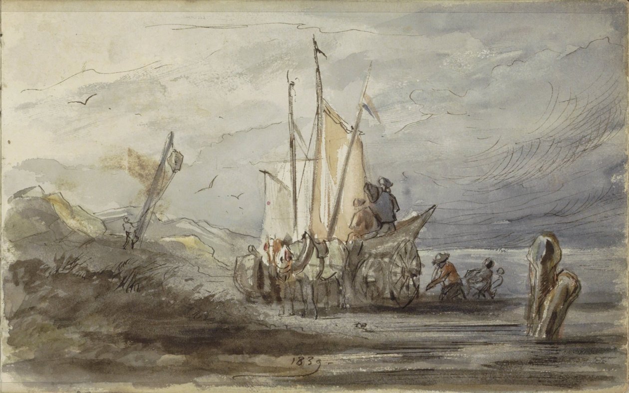 Bir yelkenli geminin yakınındaki bir bankada at ve araba by Johannes Tavenraat