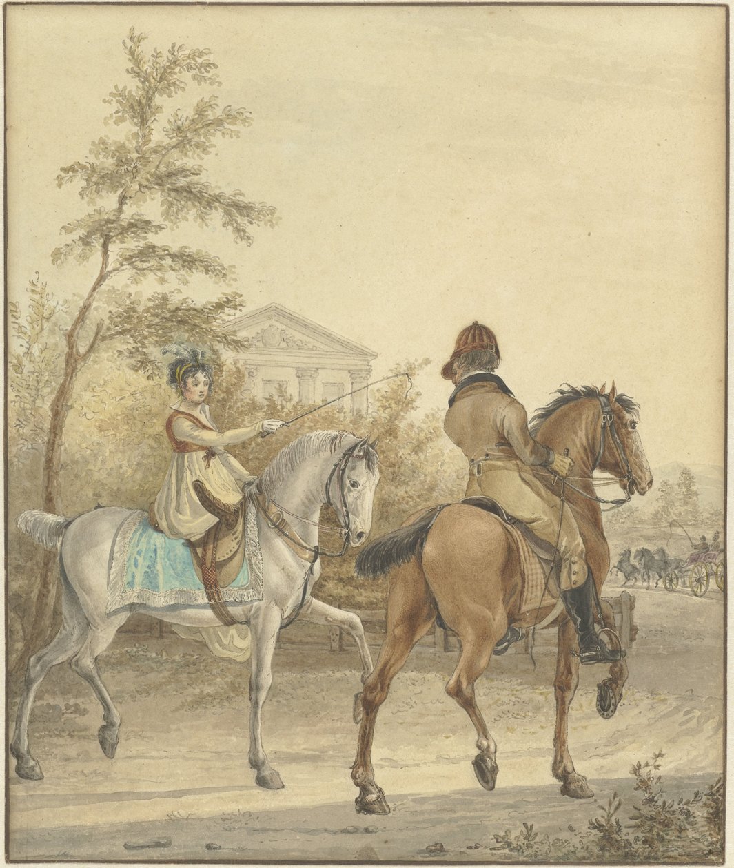 Köy yolunda at sırtında bir erkek ve bir kadın by Johannes Vinkeles