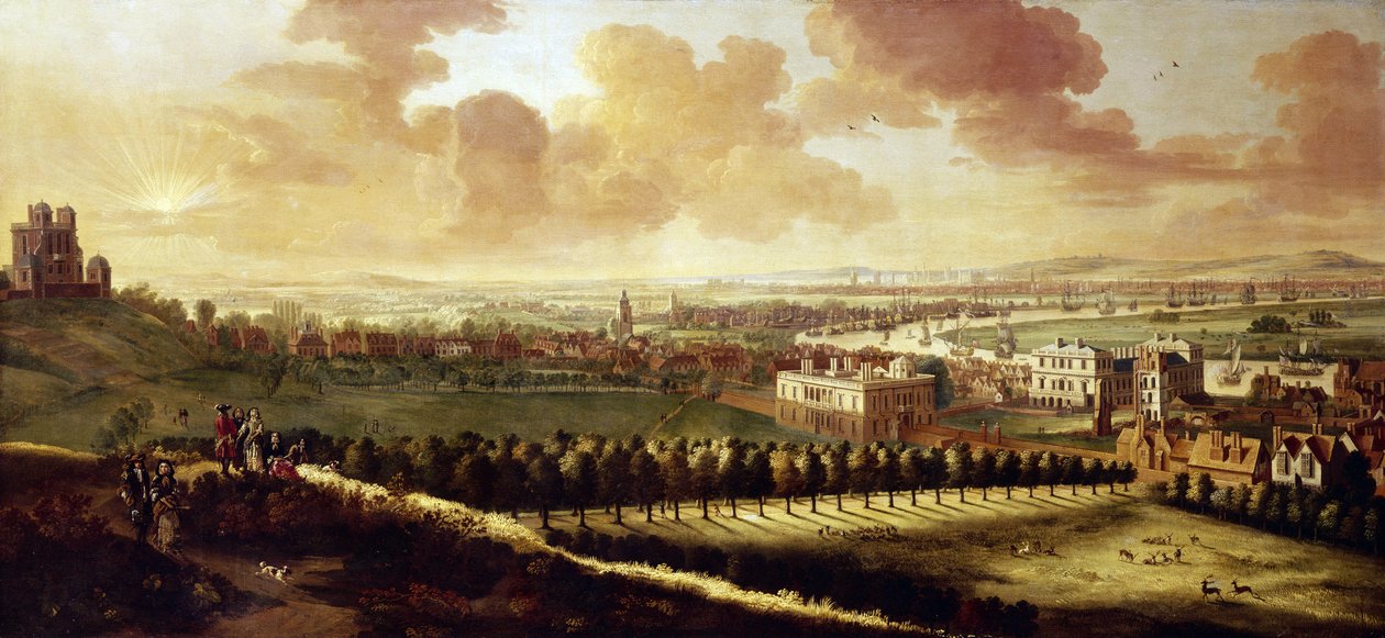 Greenwich ve Londra (İngiltere) manzarası, 1680 civarı, solda Kraliyet Gözlemevi, ortada Kraliçe