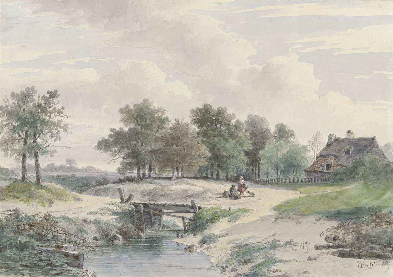 Bir çiftliğin önünde bir köprü ve rakamlar ile manzara by Johannes Warnardus Bilders