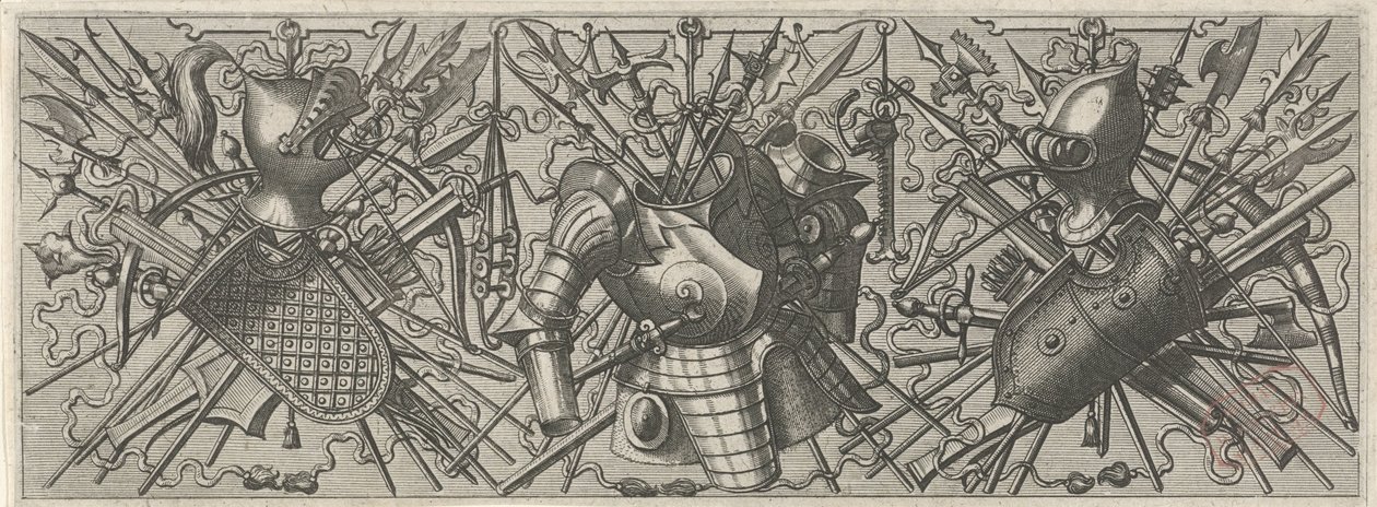 Solda miğfer, kalkan ve çapraz çubuk silahlar ve tatar yayları olan friz Panoplia sev armamentarium… (dizi adı) by Johannes of Lucas van Doetechum