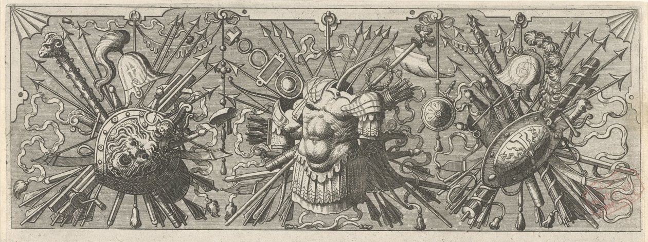 panoplia. Roma silahları ile friz, üst kısım Panoplia sev armamentarium… (dizi adı) by Johannes of Lucas van Doetechum