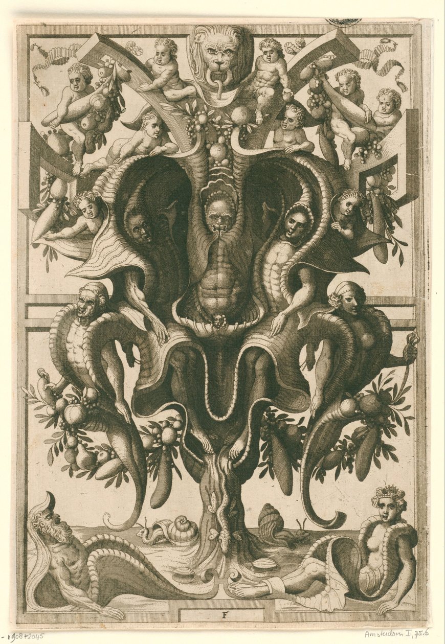 Figürlerin hapsedildiği kabuk benzeri süs. Veelderleij Wisselinghe van grotissen ende Compertimenten (...)Libro Primo (seri başlığı) by Johannes of Lucas van Doetechum