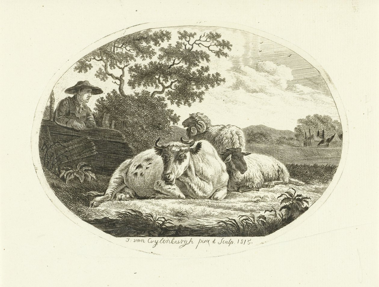 Çayırda inek, koyun ve koç ve çite yaslanmış çiftçi by Johannes van Cuylenburgh