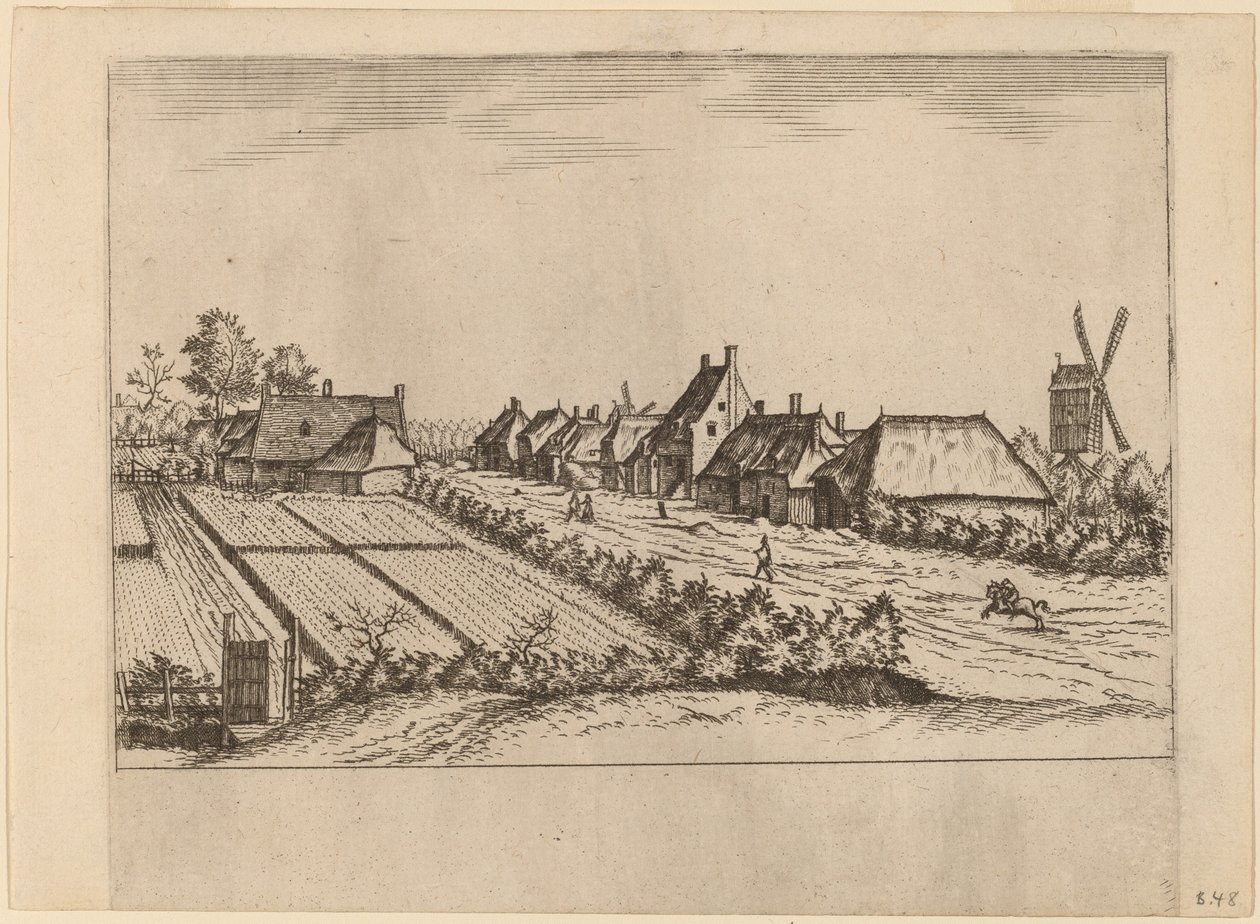 Tarlalar ve Posta Değirmeni ile Köy Yolu by Johannes van Doetechum, the Elder and Lucas