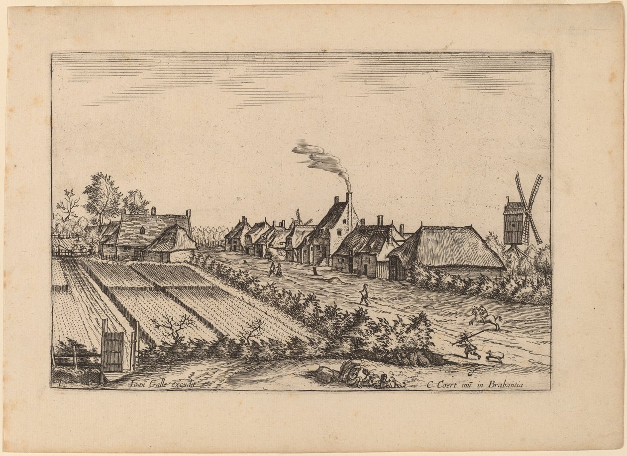 Tarlalar ve Posta Değirmeni ile Köy Yolu by Johannes van Doetechum, the Elder and Lucas