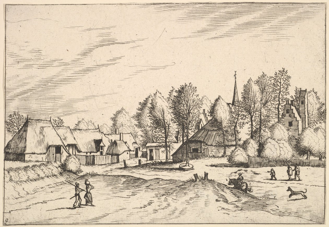 Multifararum kulübelerinden ve kırsal hatlardan Kilise Kulesi ile Country Village..., 1559-61. by Johannes van Doetecum I