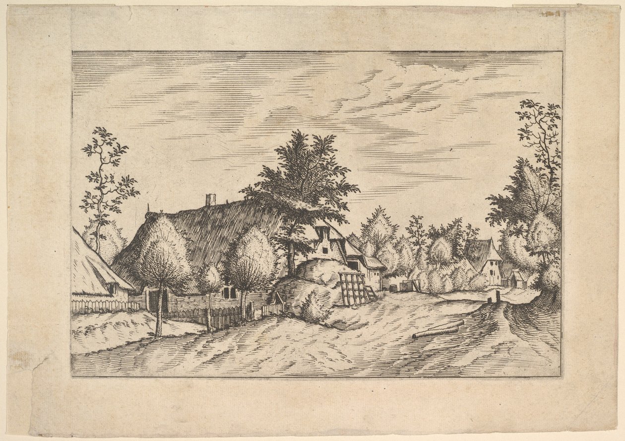 Village Street, Estates çiftliğinden ve kırsaldan bir çiftliğin önüne yığılmış saman..., ca. 1559-61. by Johannes van Doetecum I