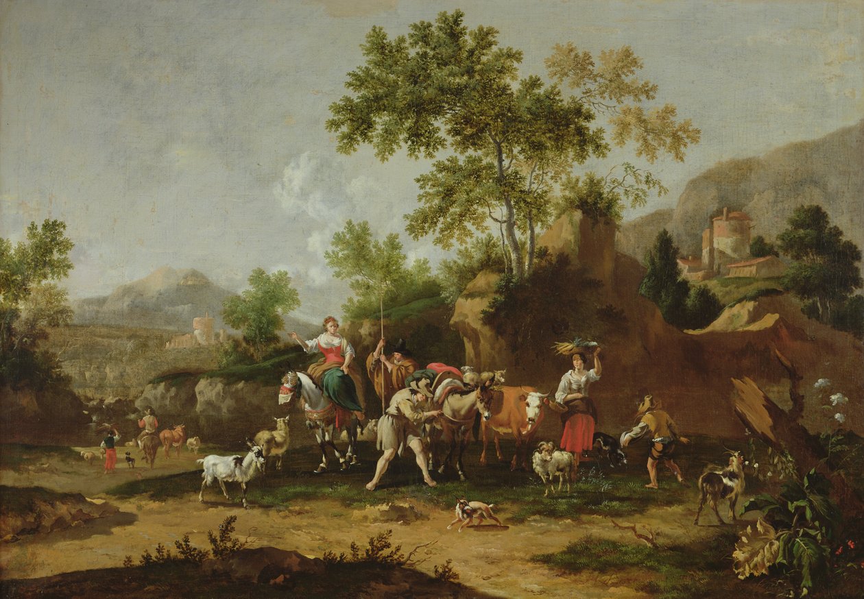 Figürler ve hayvanlarla dolu İtalyan manzarası by Johannes van der Bent