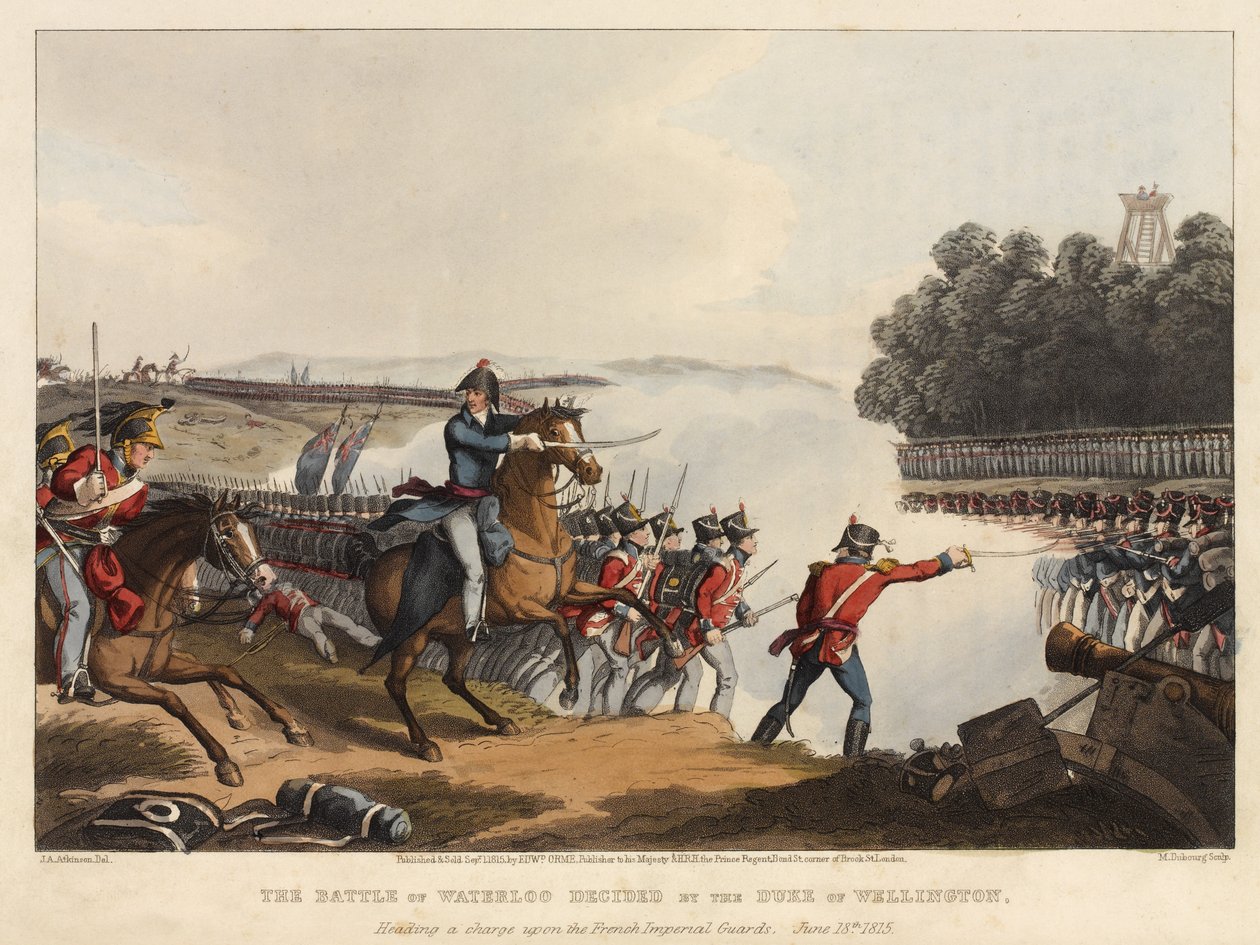 Waterloo Savaşı, Wellington Dükü tarafından kararlaştırıldı, Fransız İmparatorluk Muhafızları üzerine hücum etti, 18 Haziran 1815, M. Dubourg tarafından kazınmış, 1819 (renkli aquatint) by John Augustus Atkinson