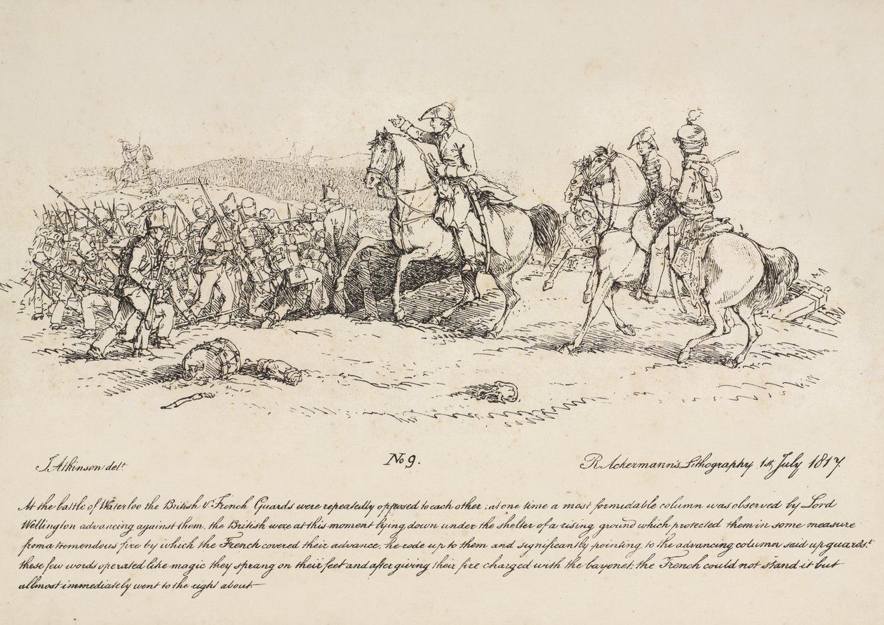 Wellington directing a charge of the guards against a column of French at Waterloo, lithograph by R. Ackermann, 1815  by John Augustus Atkinson