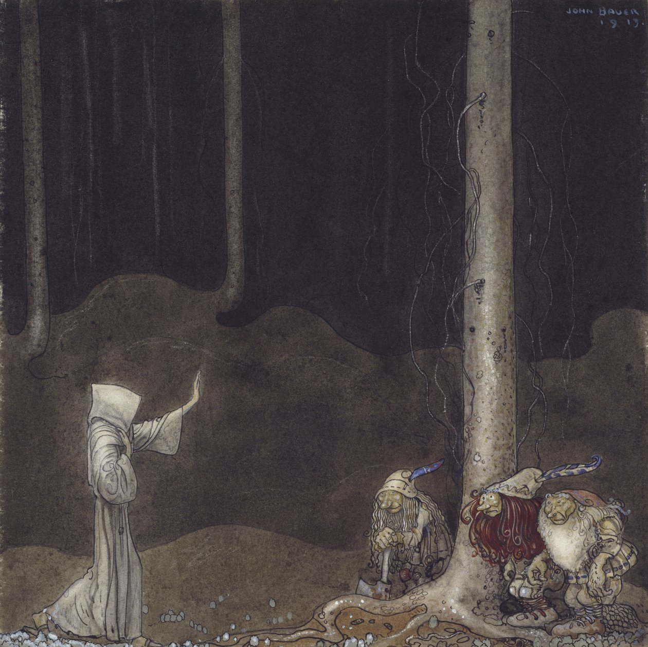 Brother St. Martin and the Three Trolls, 1913 (wc on paper) by John Bauer