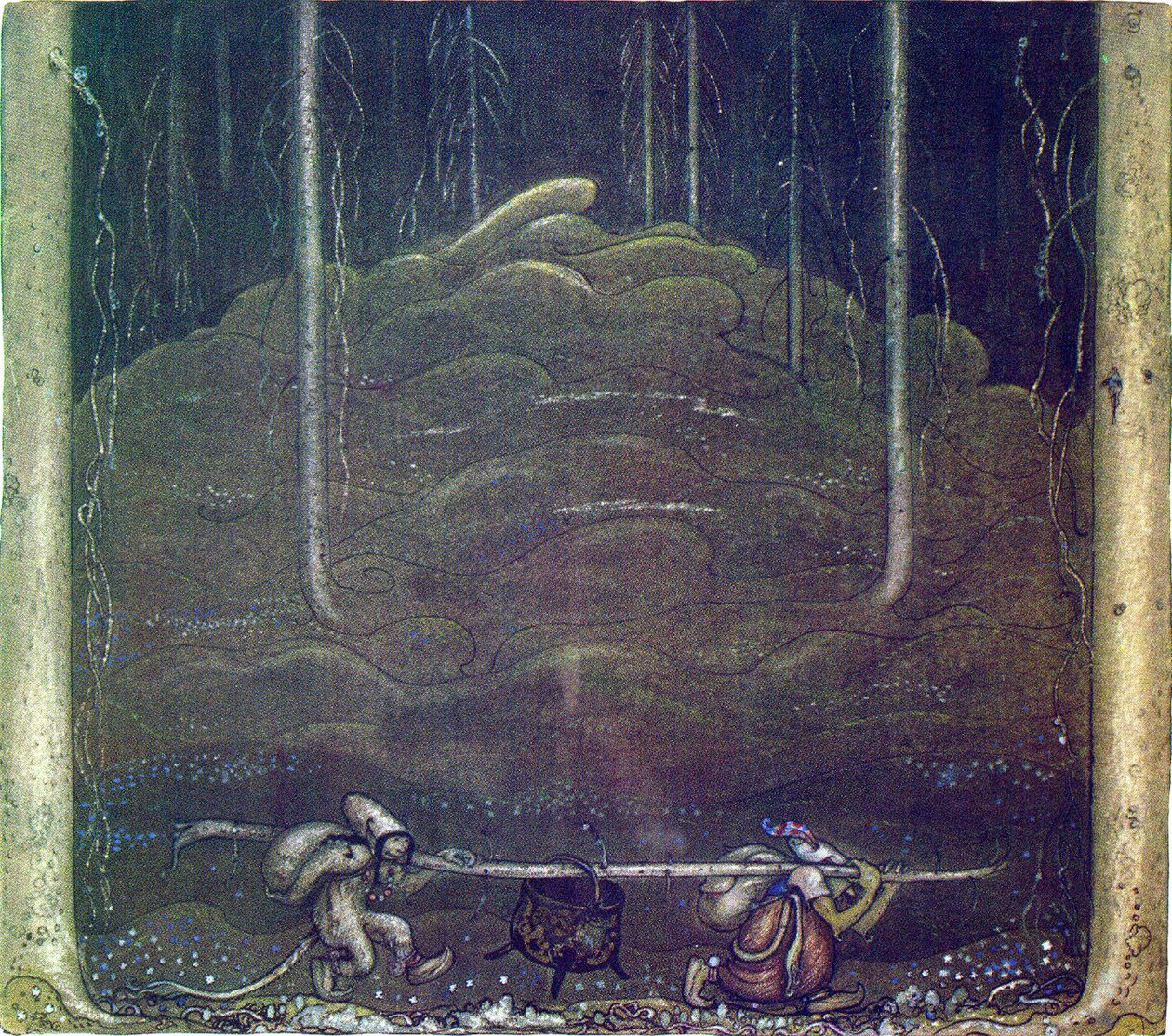 Akşam olunca trol anne ve çocuk gizlice dağdan çıktılar. Trol kazanını kendi aralarında bir sopayla taşıdılar by John Bauer