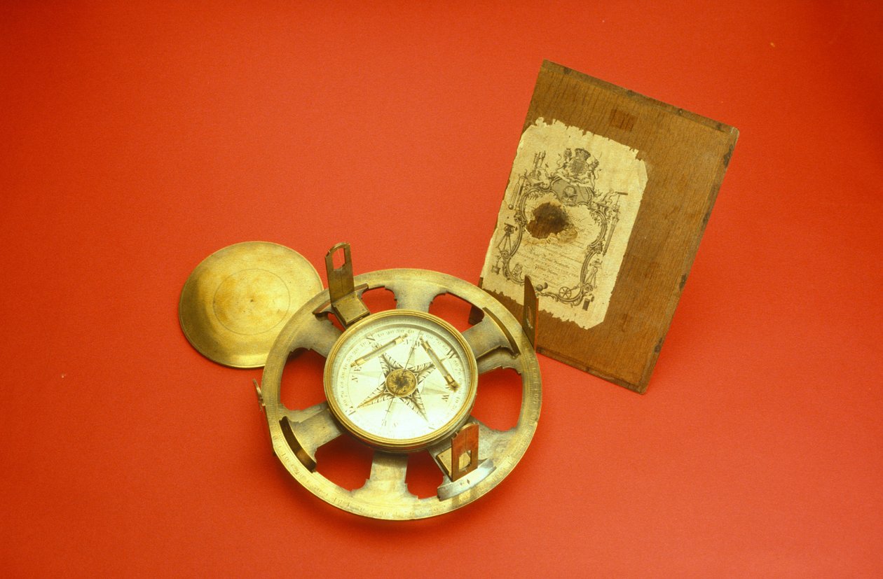 Kasa kapağının iç tarafında ticari kart bulunan düz teodolit, c.1780 (pirinç) by John Bennett