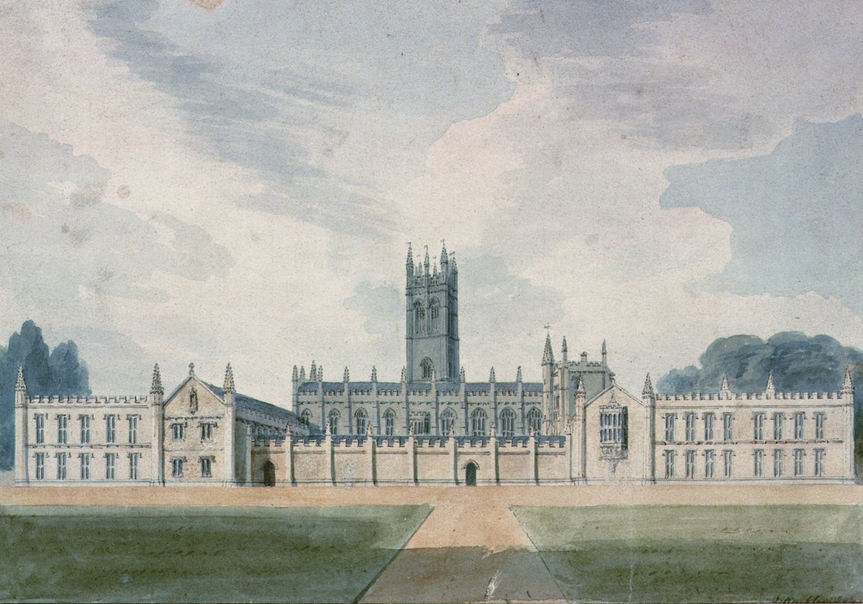 Magdalen Koleji, Oxford, 1804 (sulu boya) by John Chessell Buckler