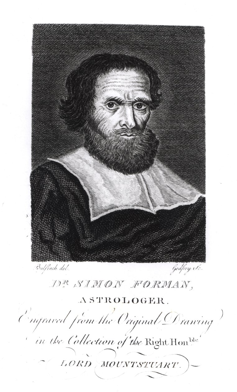 Portrait of Dr Simon Forman (1552-1611) engraved by Godfrey  (bw photo) by John Bulfinch