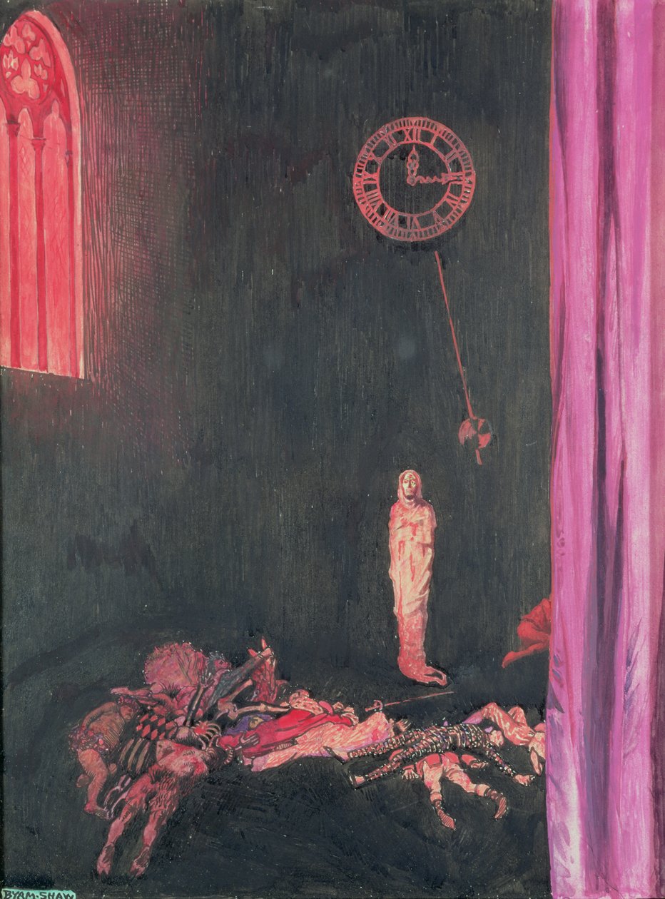 Karanlık ve Çürüme ve Kızıl Ölüm, her şey üzerinde sınırsız bir hakimiyete sahipti, Edgar Allan Poe'nun "Selected Tales of Mystery"den "Kızıl Ölümün Maskesi" için illüstrasyon, 1909 (wc und guache on pa by John Byam Liston Shaw