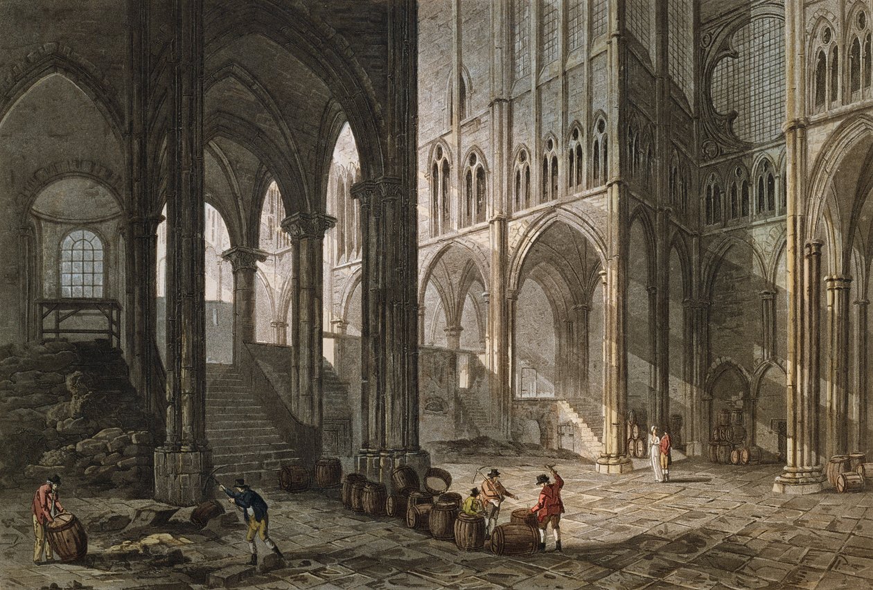 Saint-Denis Bazilikası içinde şarap satan tüccar, 1809 (renkli gravür) by John Claude Nattes