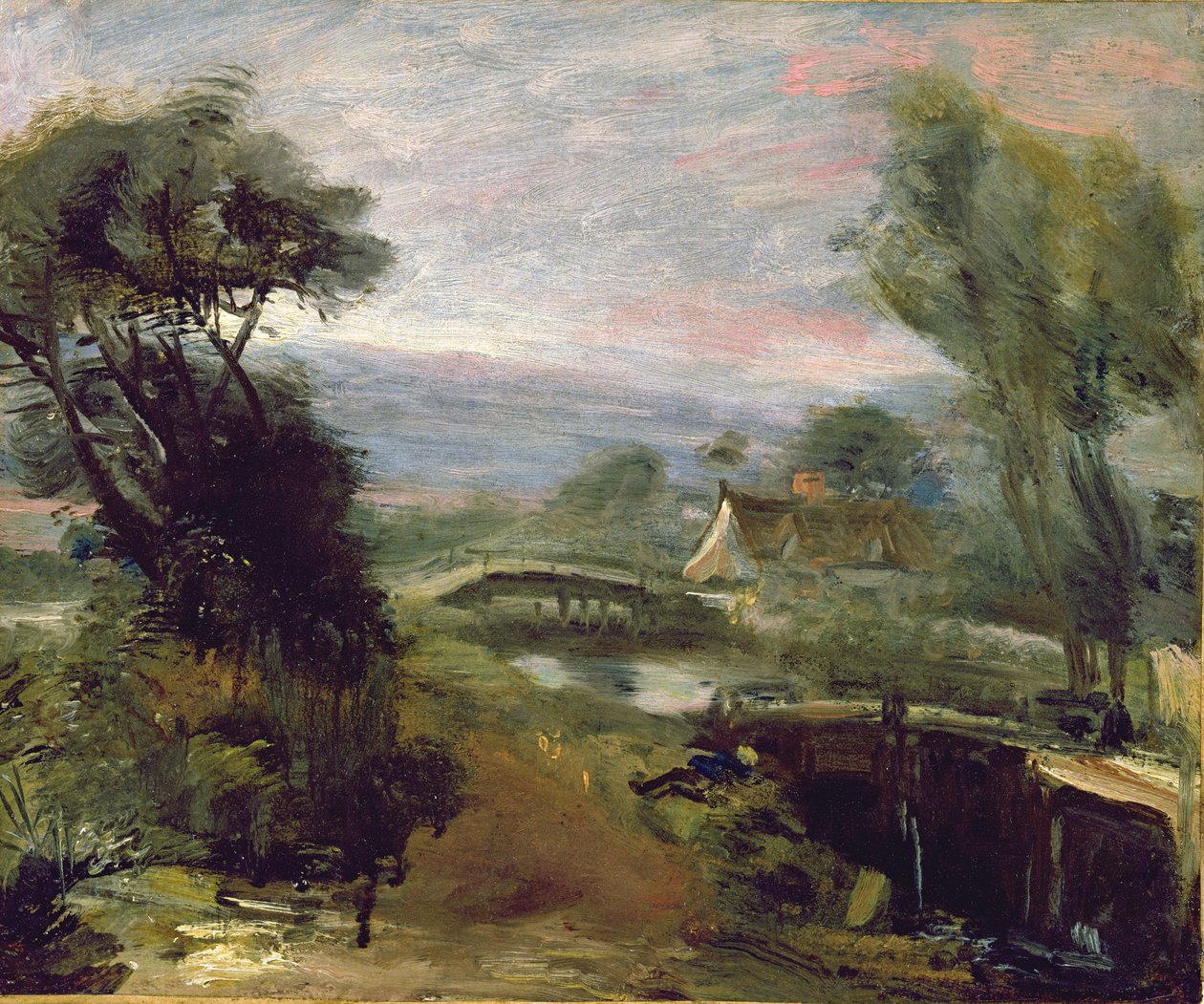 Flatford Mill yakınlarında bir görünüm (tuval üzerine serilmiş kağıt üzerine yağlı boya) by John Constable