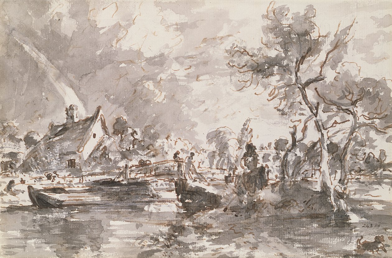 Stour, kalem ve yıkama üzerinde Flatford Old Mill Cottage by John Constable