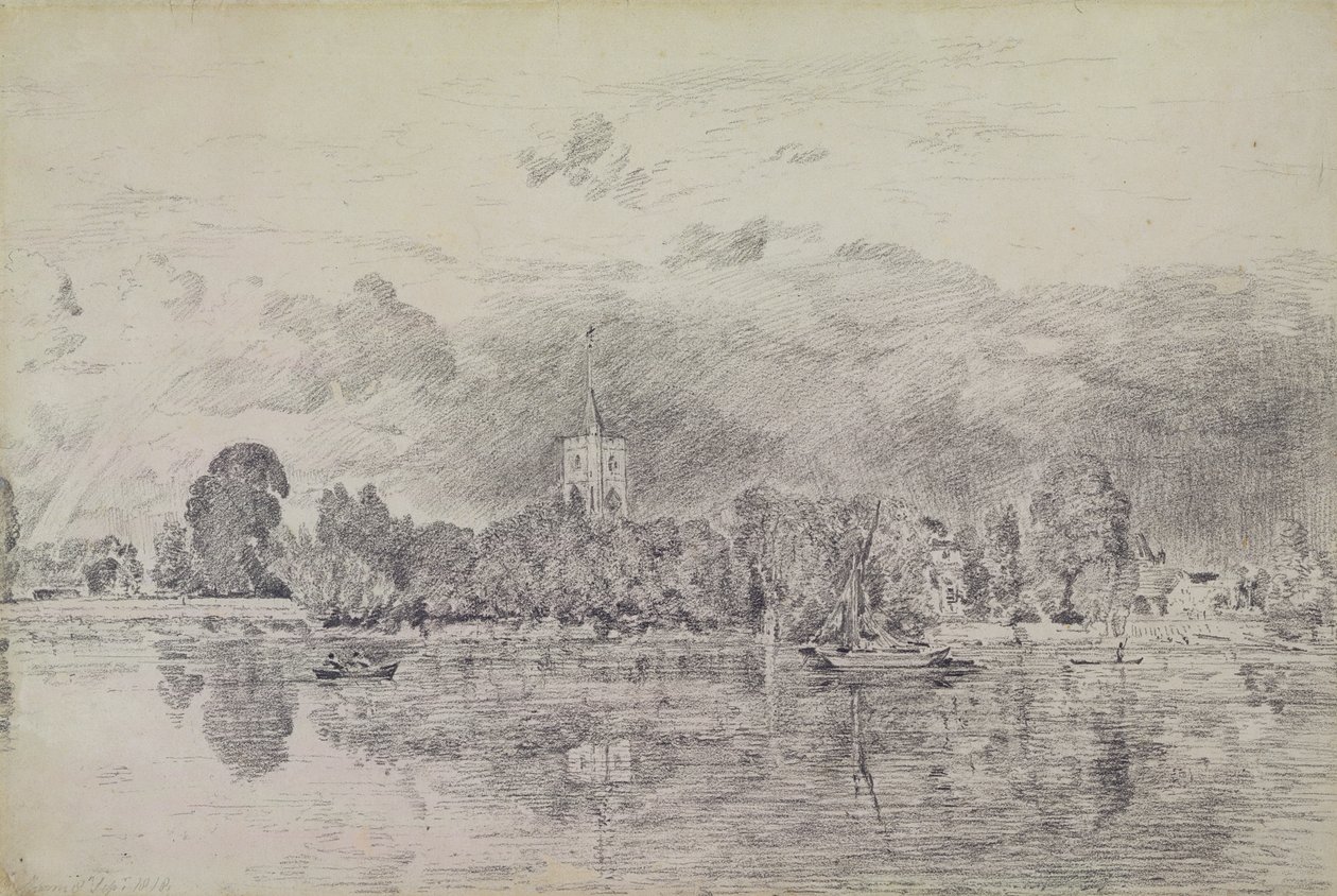Nehrin karşısından Fulham kilisesi, 1818 (kağıt üzerinde grafit) by John Constable