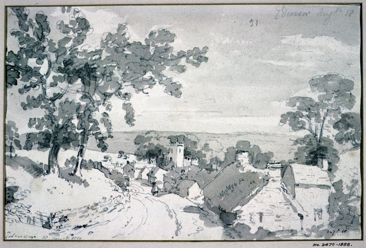 Edensor Köyü Girişi, 1801 (kalem ve sepya yıkama) by John Constable