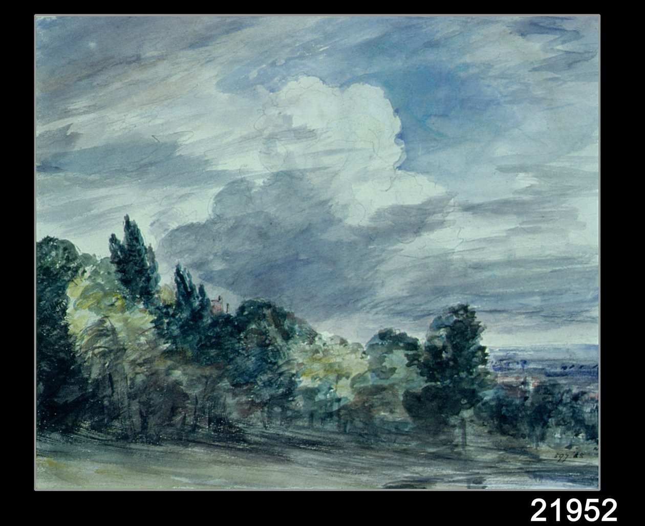 Ağaçların ön planda olduğu geniş bir manzaraya bakış, Eylül 1832 (kağıt üzerine sulu boya) by John Constable