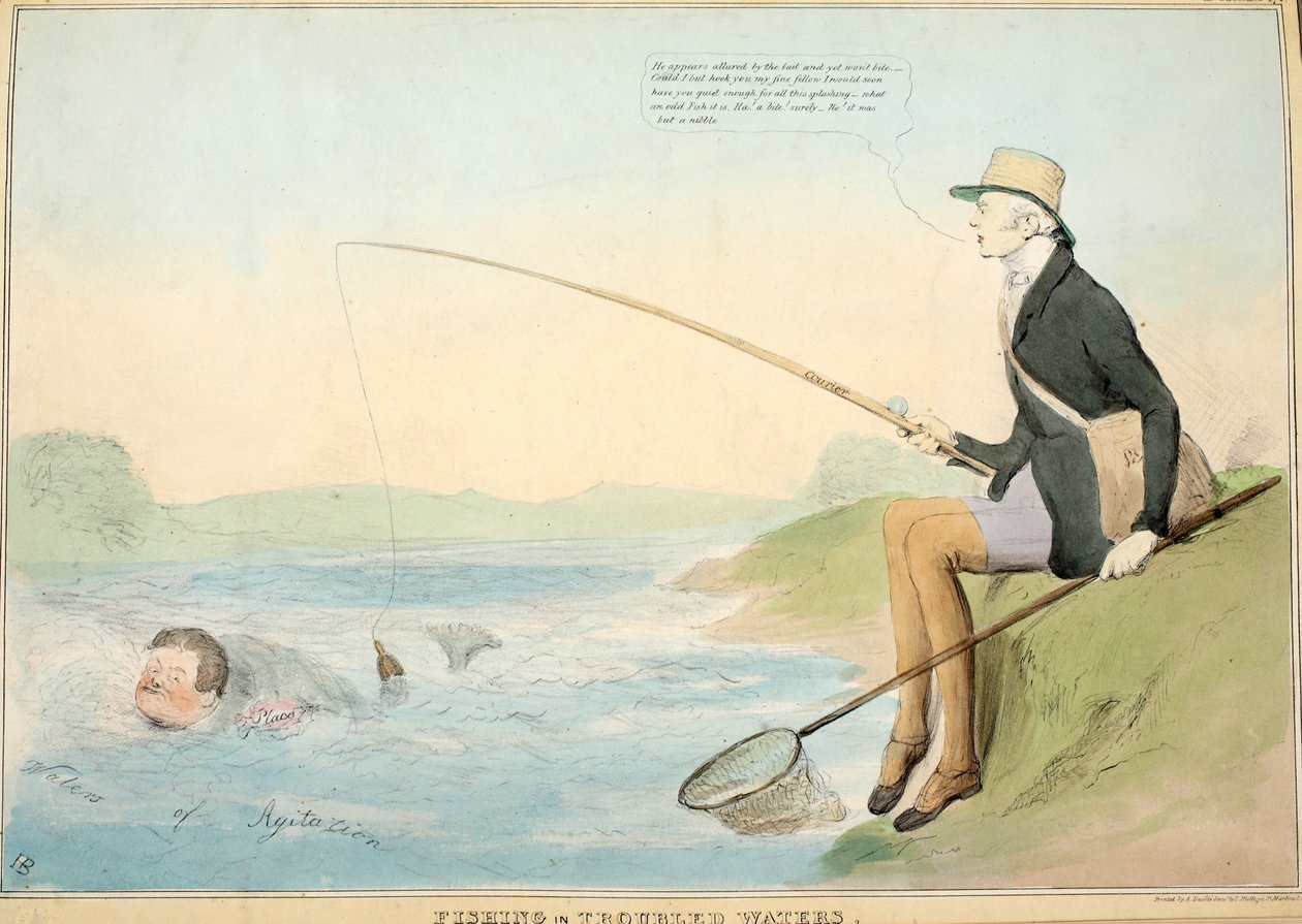 Sorunlu Suda Balık Tutma, bar. 1832 (el renginde gravür) by John Doyle