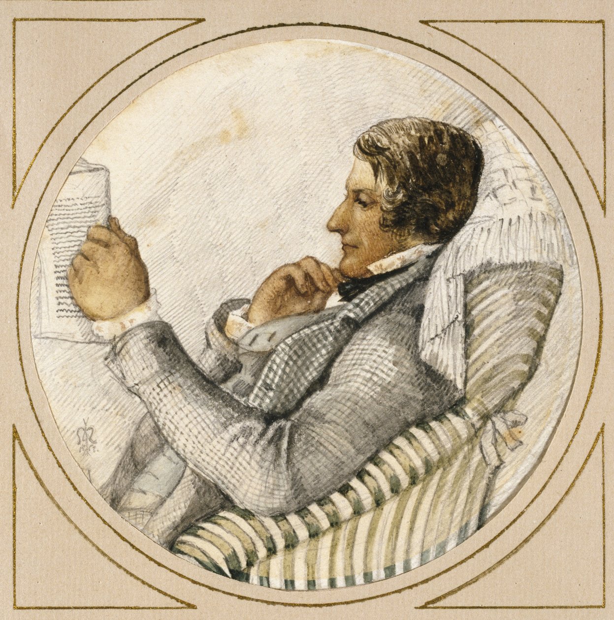 Ford Madox Brown'ın Portresi (grafit üzerine sulu boya, kirli beyaz kağıt üzerine kalem ve mavi mürekkeple) by John Everett Millais
