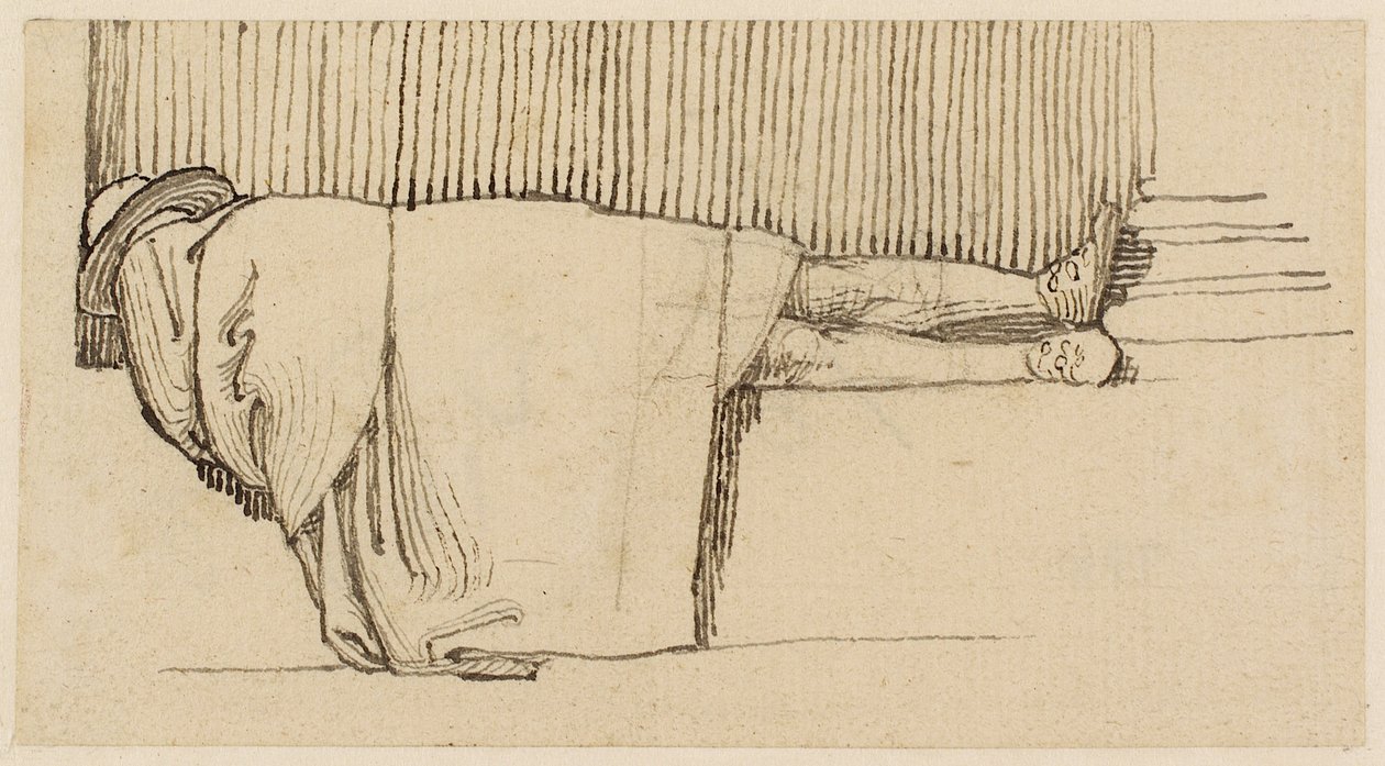 Bir Binanın Kaidesinde Uyuyan Pelerinli Bir Adam (kalem, tükenmez kalem ve kağıt üzerine mürekkep) by John Flaxman
