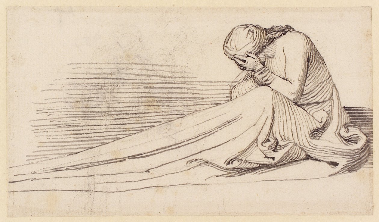 Uzun Perdeli, Yaslı Oturan Kadın Figürü (kalem, kalem, mürekkep ve kağıt üzerine yıkama) by John Flaxman