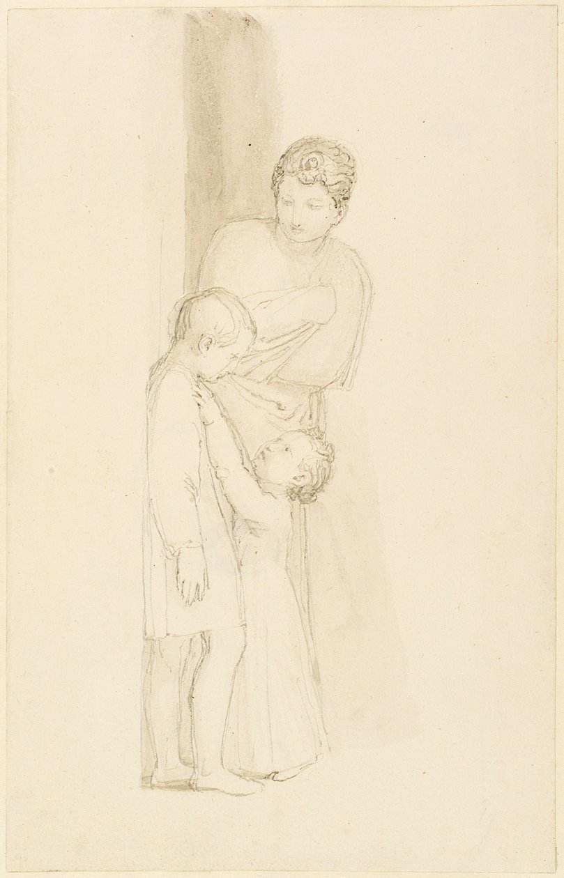 Küçük Bir Çocuğun Arkasında Duran Kadın (kalem, tükenmez kalem, mürekkep ve kağıt üzerinde yıkama) by John Flaxman