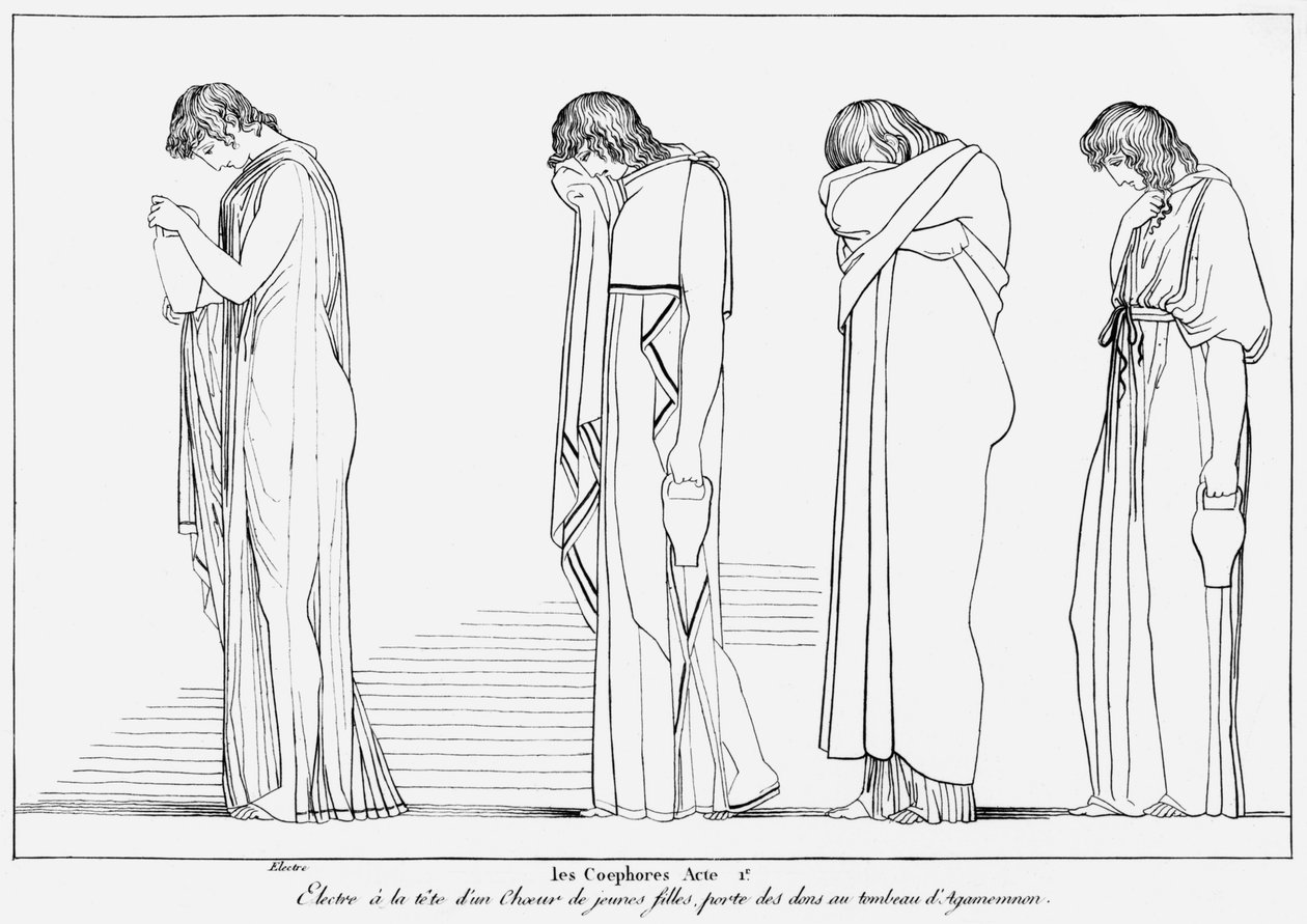 Agamemnon'un mezarında libasyon için Electra ve Koro taşıyan kaplar, Aeschylus'un 'The Choephori'sinden bir çizim (MÖ 525-c.456) c.1830-40 by John Flaxman