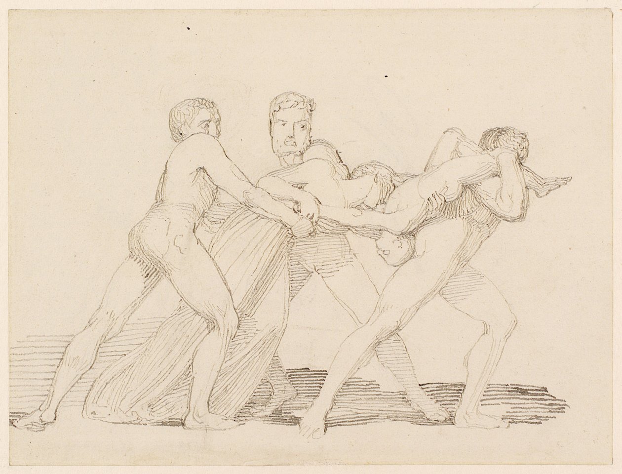 Bir çocuğu bir kadından koparmaya çalışan üç adam (kalem, tükenmez kalem ve kağıt üzerine mürekkep) by John Flaxman
