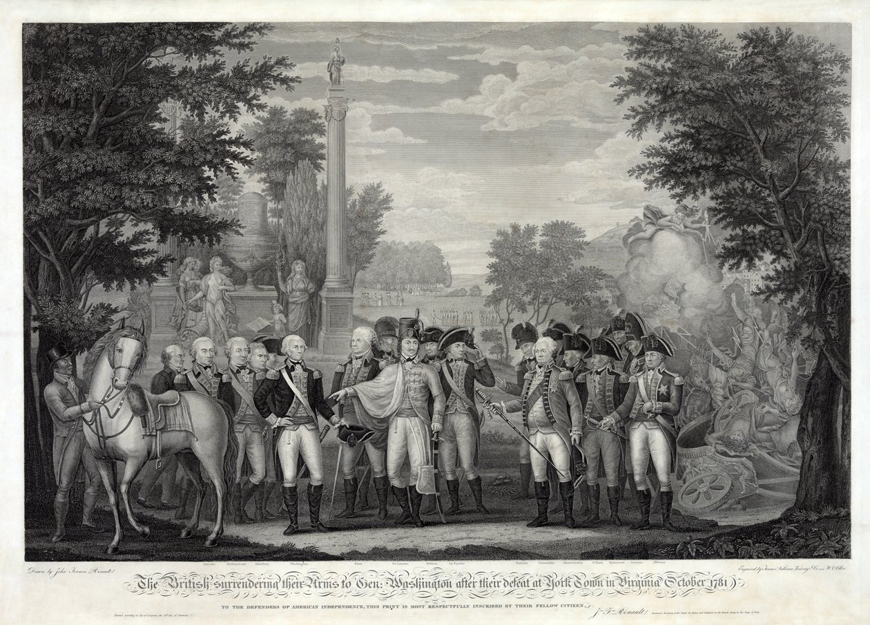 İngilizler, Ekim 1781, Virginia'daki York Town'daki yenilgiden sonra silahlarını General Washington'a teslim ediyor. 1819 (bw gravürü) by John Francis Renault