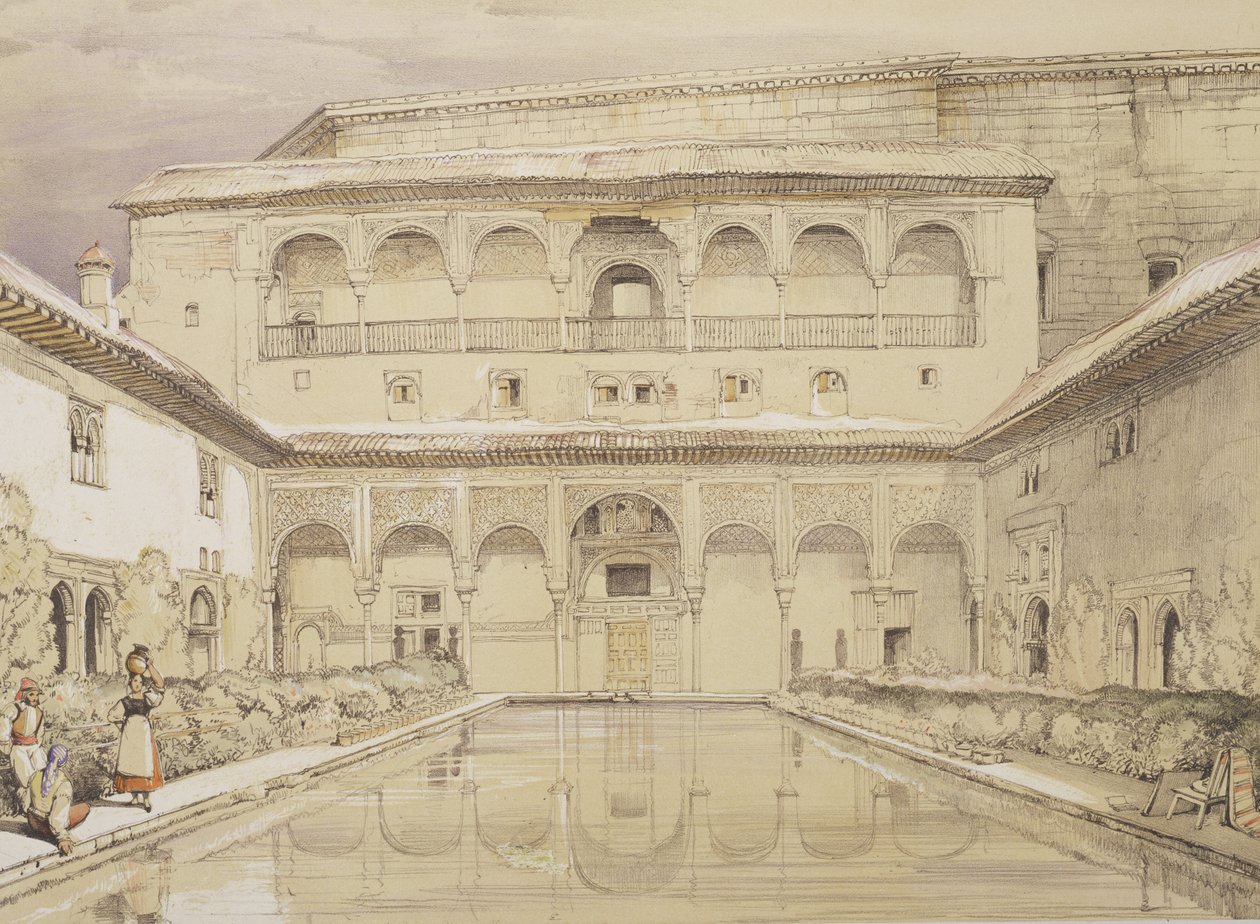 Myrtles Mahkemesi (Patio de los Arrayanes) ve Charles V Sarayı, James Duffield Harding (1798-1863), 1835 tarafından oyulmuş 